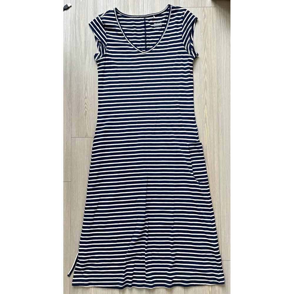 Toad&Co Women's Blue White Striped T-Shirt Dress V-Neck Cap Sleeve Midi Sz M